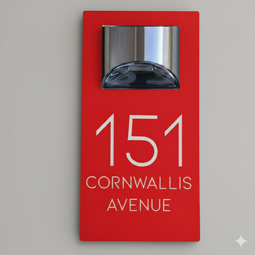 House number sign with solar - number,